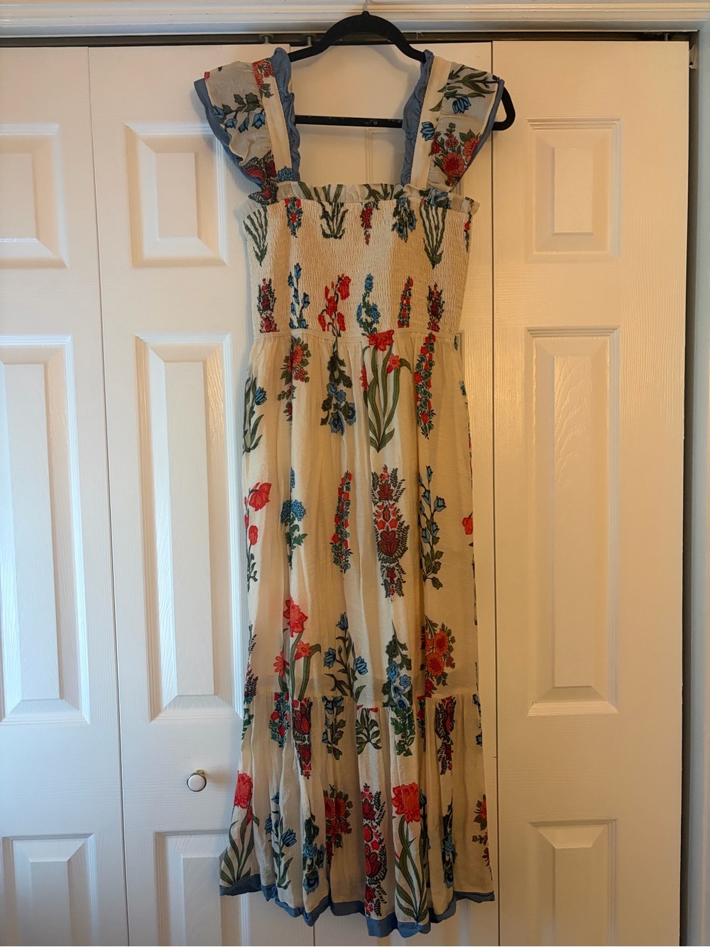 THML Cream Floral Midi Dress with Red and Blue Accents
